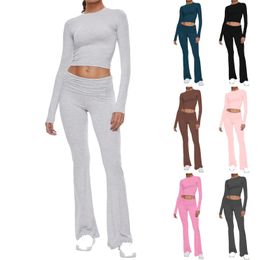 Womens Yoga Sets Crew Neck Long Sleeve Crop Tee and Low Rise Flare Pants Tracksuit Slim Fit Two Piece Outfits 240528