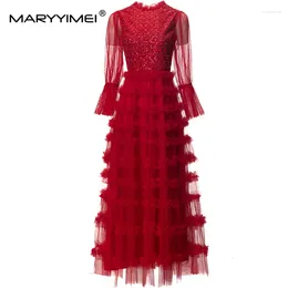 Casual Dresses MARYYIMEI Fashion Designer Spring Summer Women's Flare Sleeve Mesh Sequins Beading Mushroom Edge High Street