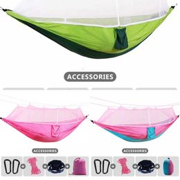 Hammocks Portable Outdoor Camping Hammock with Mosquito Net Lightweight Nylon Parachute Double Tree Straps 260x140cm H240530
