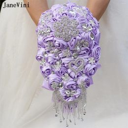 Wedding Flowers JaneVini Customise Light Purple Cascading Waterfall Bridal Bouquets With Silver Jewellery Ribbon Roses Bouquet