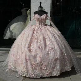 Pink 2024 Princess Quinceanera Dresses With Bow Beaded Flowers Butterfly Appliques Crystals Sweet 16 Dress Ball Gown