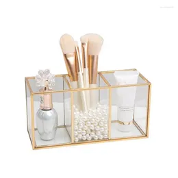 Storage Boxes Clear Makeup Brush Holder Organiser Transparent Glass Cosmetic Brushes With 3 Slots Cute Pen And Pencil For Desk