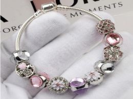 Fashion 925 Sterling Silver Pink & Purple Sparkling Drops Flower Bracelet Crystal European Charm Beads Fits Charm Bracelets & Bangle4095091