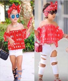 Toddler Kids Summer Girls Clothing Sets Off Shoulder Top ShirtHole PantsHairband Girls Clothes set Children Clothes7359296