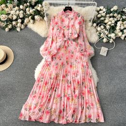 Casual Dresses Chic Elegant Print Ruffle Long Sleeves Single Breasted Dress A-line High Waist Vacation Party Women French Autumn