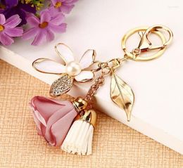 Keychains Cloth Rose Flower Keychain Crystal Tassel Car Key Chain Women Bag Charms For Keys Accessories Chiffon Tassels Rings A0746828949
