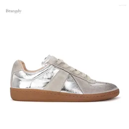 Casual Shoes Genuine Leather Women Sneakers Silver Lace-up Low Heels Athletic Comfort Breathable Tennis Flats Color Match