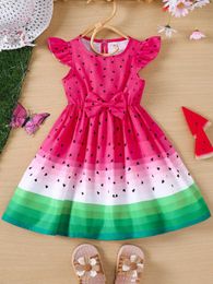 Girl's Dresses Girls new summer casual style cute and childlike watermelon print small flying sleeve dress bow Y240529