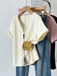 Plus Size Womens Top 2024 Summer Fat Girl Versatile Casual Vneck Double Zipper Loose Fashion Short Sleeved Tshirt 240529