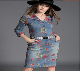 New Spring Summer Women Fashion Jean Printing Dresses Ladies Sexy Slim V Neck Onepiece Dress Girls Lovely 34 Sleeve Long Denim S6406631