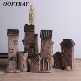 Vases Ceramic Retro House Shape Small Flower Vase Handmade Pottery Zen Office Desktop Scindapsus Container Home Decoration Ornaments