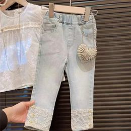 Spring New Chinese Style Improved Lace Trousers High Waist Straight Pencil Denim Wide Leg New Pants Kids Clothing 2 4 6 8 Y 240531