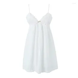 Casual Dresses Summer Dress 2024 Women Lace Trim Bow V Neck Sleeveless White Sling Mini Robe