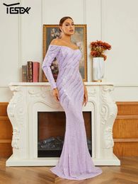 Casual Dresses Yesexy 2024 Purple Off Shoulder Sequin Mermaid Evening Wedding Birthday Party Chic Elegant Woman Dress