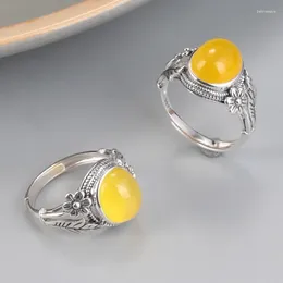 Cluster Rings Ethnic Style 925 Sterling Silver Oval Yellow Chalcedony Ring For Women Vintage Small Flower Leaf Adjustable Open Jewellery
