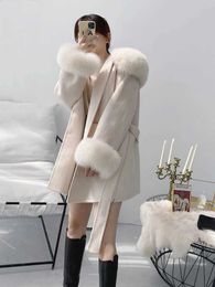 Women's Fur Faux Fur 2023 Real Fur Coat New Oversize Ladies Outerwear Winter Jacket Women Natural Fur Collar Cuffs Hood Cashmere Wool Woolen z240530