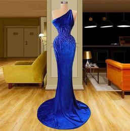 New royal Blue Mermaid Evening Dresses beaded bodice One Shoulder Velvet Floor Length Special Occasion Dress Appliques Sequins Prom Gown Custom