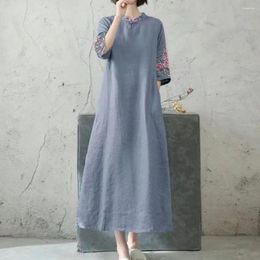 Ethnic Clothing Women's Casual Cheongsam Mid-length Qipao Mujer Vintage Cotton Linen Half Sleeve Traditional Chinese Woman Dress