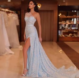 Sparkly light blue Prom Dresses Sequined Mermaid one shoulder high Side Split Evening Gowns One Shoulder Beaded Vestidos De Fiesta Gala Lace Custom Made