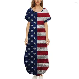 Party Dresses Women Maxi Summer Casual Loose American Independence Day Short-sleeved Hem Irregular Round Neck Dress