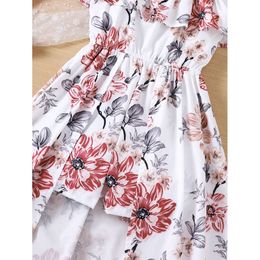Girls Summer New Casual Vacation Dress With Ruffle Edge And Floral Large Hem, Strap Style Jumpsuit