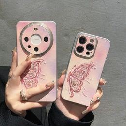 Fashion Embroider Butterfly Cases For Iphone 15 Plus 14 Pro Max 13 12 11 Iphone15 Gradient Beautiful Hard PC Plastic Soft TPU PU Leather Girls Mobile Phone Back Cover