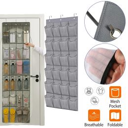 Wall-mounted Sundries Shoe Organiser Fabric Closet Bag Storage Rack Mesh Pocket Clear Hanging Over The Door Cloth Box 24 grids