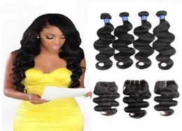 Brazilian Body Wave Human Hair Weaves 30 32 34 36 38 40 inch 4 Bundles with Closure Double Weft Dyeable Bleachable 100gpc9710181