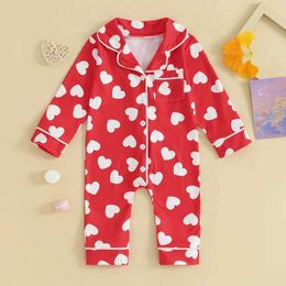 Pajamas Long Sleeve Baby Boys Girls Sleepwear Pajamas Jumpsuits Lapel Collar Heart Print Button Up Rompers Newborn Loungewear Clothes Y240530