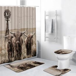 Shower Curtains 4pcs/Set Funny Cow Curtain Highland Cattle Windmill Country Farm Cute Animal Bathroom Decor Bath Mat Rugs Toilet Cover