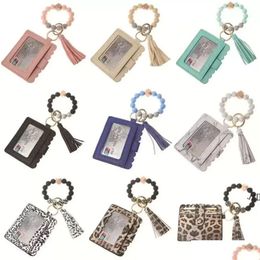 Party Favour Stock Leather Bracelet Wallet Keychain Tassels Bangle Key Ring Holder Card Bag Sile Beaded Wristlet Keychains Xu Drop De Dh3Pf