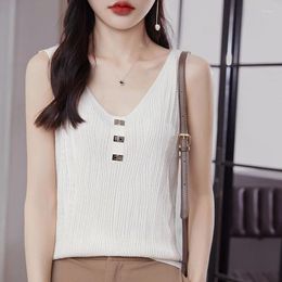 Women's Tanks Summer Thin V-Neck Diamond Buckle Solid Color Knitted Sling Bottoming Vest Ladies Quzhu Ice Silk Sleeveless Top