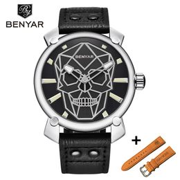 BENYAR New Gold Skull Simple Watch Mens Set Luxury Fashion Leather Quartz Wristwatch Men Military Clock Relogio Masculino 231m
