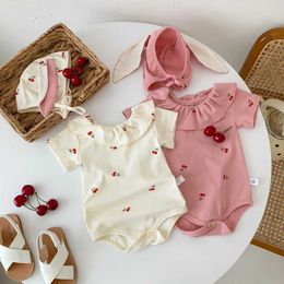 Rompers Summer Baby Romper for Girls Newborn Jumpsuit Cherry Cute Ears Hat Short Sleeve Baby Clothes 0-2 Years Old Y240530RFGI