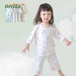 Pajamas Amila Childrens Home Clothes 2023 Summer New Cute Two Piece Casual Long sleeved Boys and Girls Baby Pajama Set 0-6 Years Y240530