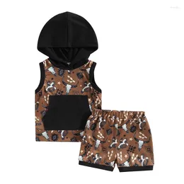 Clothing Sets Baby Boys Outfit Set 2024 Summer Infant Clothes Sleeveless Hooded Vest With Pocket Cattle Head Print Shorts Toddler