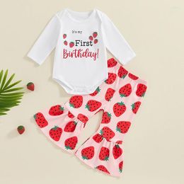 Clothing Sets 2024-05-07 Lioraitiin 2-Piece Baby Girls Set Adorable Strawberry Letter Print Long Sleeve O-Neck Romper Flare Trousers Outfits