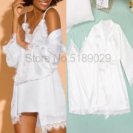 Home Clothing Sexy LACE 2PCS Kimono Robe Set Loungewear Satin Nightgown Sleepwear Bathrobe Short Women Dressing Gown White Nightwear