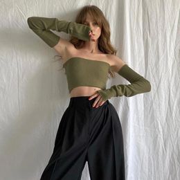 Women's Tanks Sexy Off-shoulder Green Knitted Crop Top With Sleeves Halter Back Wrapped Chest Vest Short Feminino Slim Streetwear