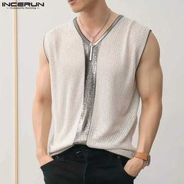 Men's T-Shirts Tops 2024 Korean Style New Mens Fashion V-neck Patchwork Design Vests Casual Streetwear Flash Sleeveless Tank Tops S-3XL S53105