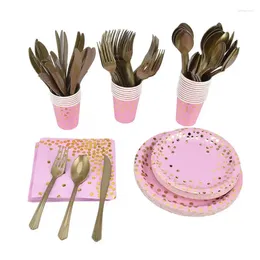 Disposable Dinnerware Party Sets Supplies Paper Tray Knife Fork Cup Napkin Pink Rose Gold For Birthday Wedding Cake Dish