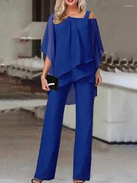 Women's Two Piece Pants Matching Collection Fashion Bat Sleeve Top Casual Off Shoulder Party Elegant Wide Leg Set