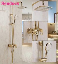 Gold Bathroom Shower Set Senducs Round Rainfall Hand Shower Head Copper Bathtub Mixer Faucets Cold Bath Shower System X07058499541