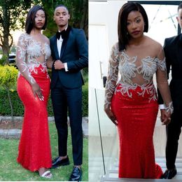 Red Sequined Beaded Applique Prom Dresses Sexy Sheer Long Sleeve Black Girls Party Celebrity Dress Robe Gala 0530
