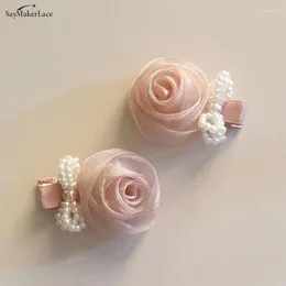 Hair Accessories 1pcs French Pink Mesh Rose Hairpin Mori Style Sweet Headwear Super Fairy Pearl Bow Flower Side Clip Elegant Accessory Gift