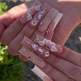 False Nails 24Pcs Yellow False Nails Long Coffin Flower Butterfly with Rhinestones French Design Wearable Fake Nails Press on Nails Tips z240531
