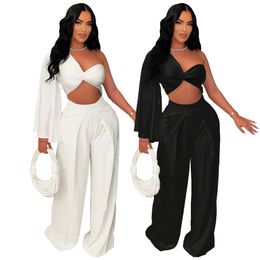 Summer Women Two Piece Set White Black One Shoulder Long Sleeve Wrap Crop Top and Peplum Ruched Wide Leg Pant Suit Sexy Woman Clothes