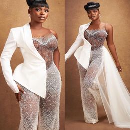 2024 Aso Ebi Plus Size Ivory Jumpsuits Prom Dress Beaded Sequined Evening Formal Party Second Reception 50th Birthday Engagement Thanksgiving Gowns Dresses