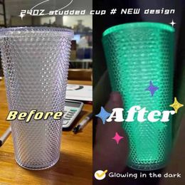 Studded Cold Cup Glow In Dark Tumbler Noctilucent Stud Tumblers Double Wall Matte Coffee Mug With Straw Halloween Christmas Gift YFAX31 222D