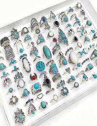 Band Rings 50 100Pcss Lot Vintage Boho Blue Stone Turquoise for Women Whole Mix Styles Ethnic Finger Ring Set Jewellery Party Gifts 5080417